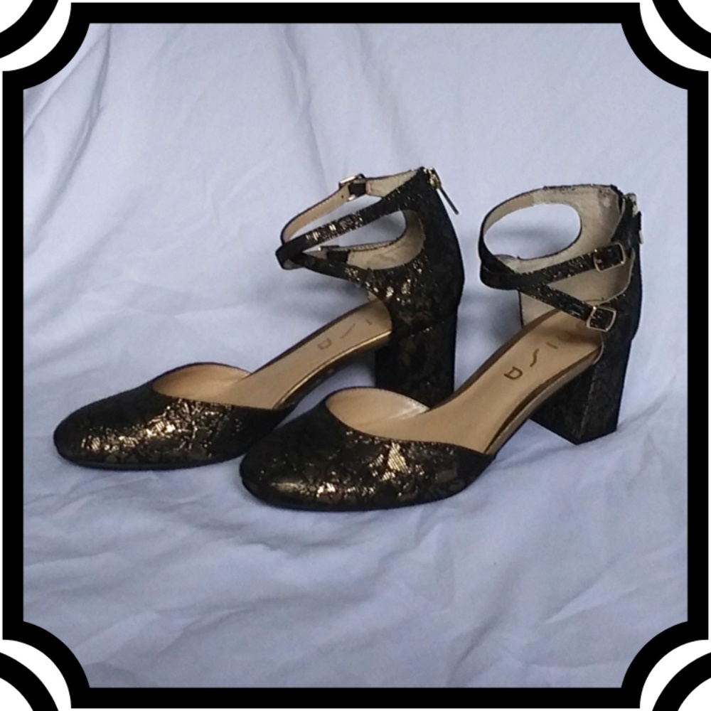 Black & Gold Floral Double Ankle Strap Block Heels